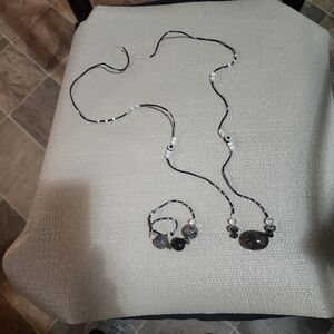 Handmade Vintage Elegant Black and Silver Beaded Necklace 26 In and Bracelet Set